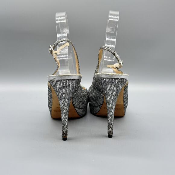 Jimmy Choo Shoes Womens 9.5 Silver Peep Toe Slingback Glitter Crystal Bow Heels - Picture 7 of 13